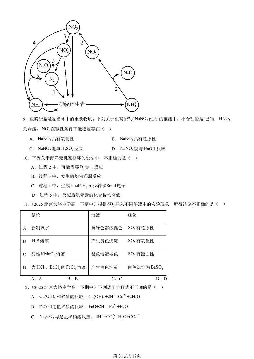 2025北京重点校高一（下）期中化学汇编：物质的性质与转化章节综合（鲁科版（选择题）1第3页
