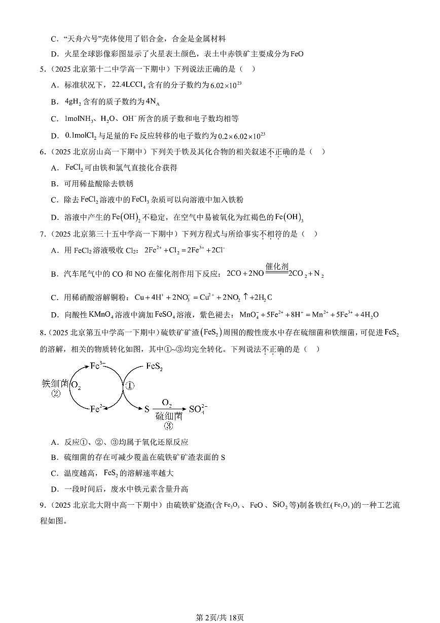 2025北京重点校高一（下）期中化学汇编：铁的多样性（鲁科版）第2页