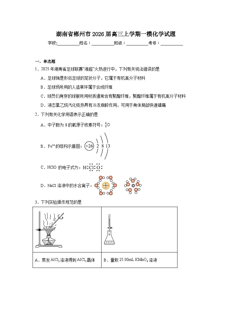 2025-2026学年湖南省郴州市高三上学期一模化学试题（附答案解析）第1页