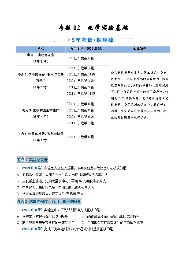 备战2026年高考(2021-2025)高考化学真题分类汇编(山东专用)专题02化学实验基础(原卷版+解析版)第1页