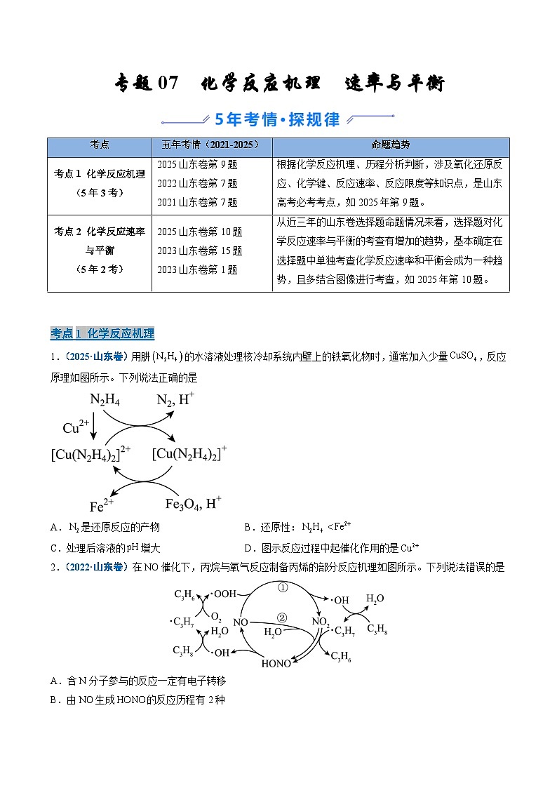 备战2026年高考(2021-2025)高考化学真题分类汇编(山东专用)专题07化学反应机理速率与平衡(原卷版+解析版)第1页