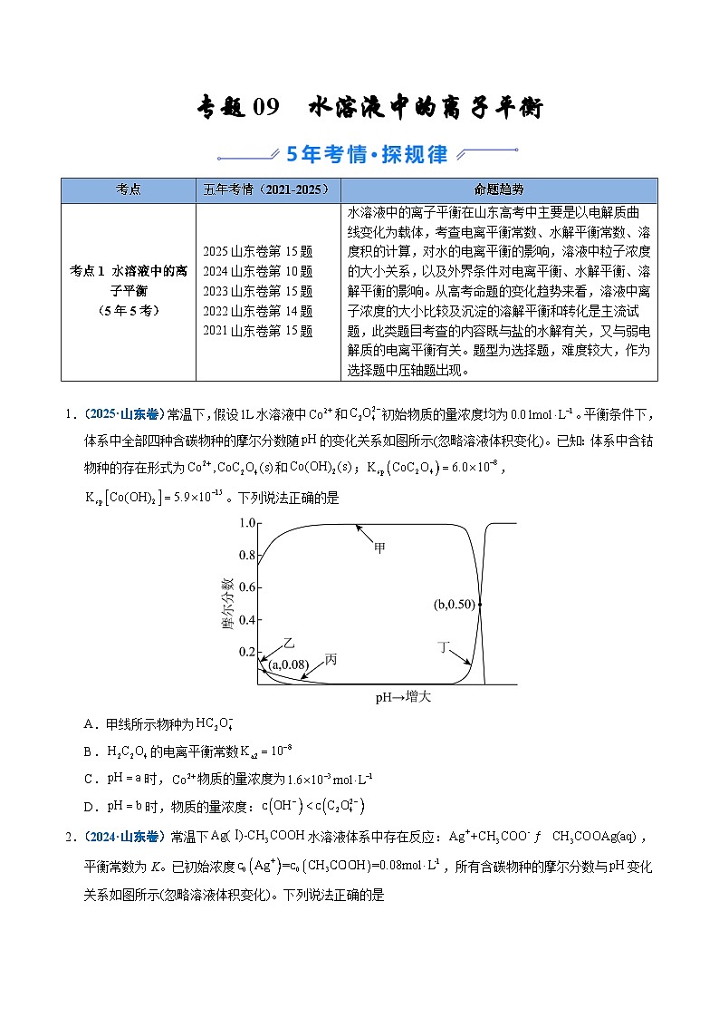 备战2026年高考(2021-2025)高考化学真题分类汇编(山东专用)专题09水溶液中的离子平衡(原卷版+解析版)第1页