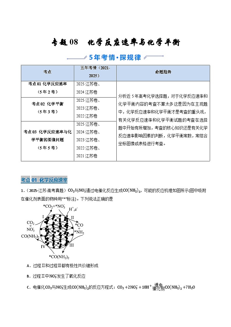 备战2026年高考近五年(2021-2025)高考化学真题分类汇编(江苏专用)专题08化学反应速率与化学平衡(原卷版+解析版)第1页