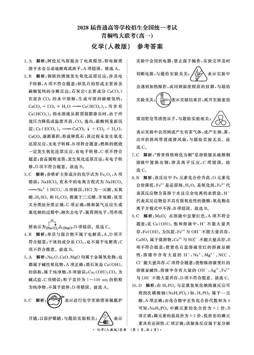 河南省青桐鸣大联考2025-2026学年高一上学期10月联考化学试卷（PDF版附解析）（人教版）第3页