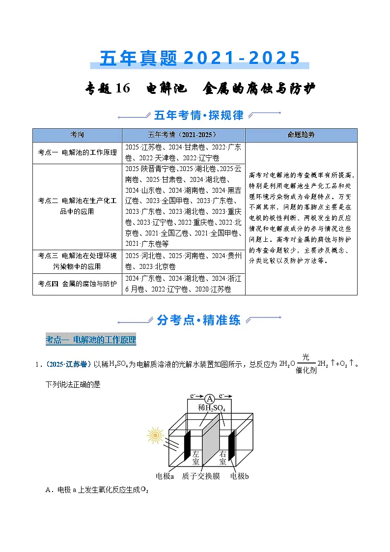 专题16 电解池 金属的腐蚀与防腐（原卷版）第1页