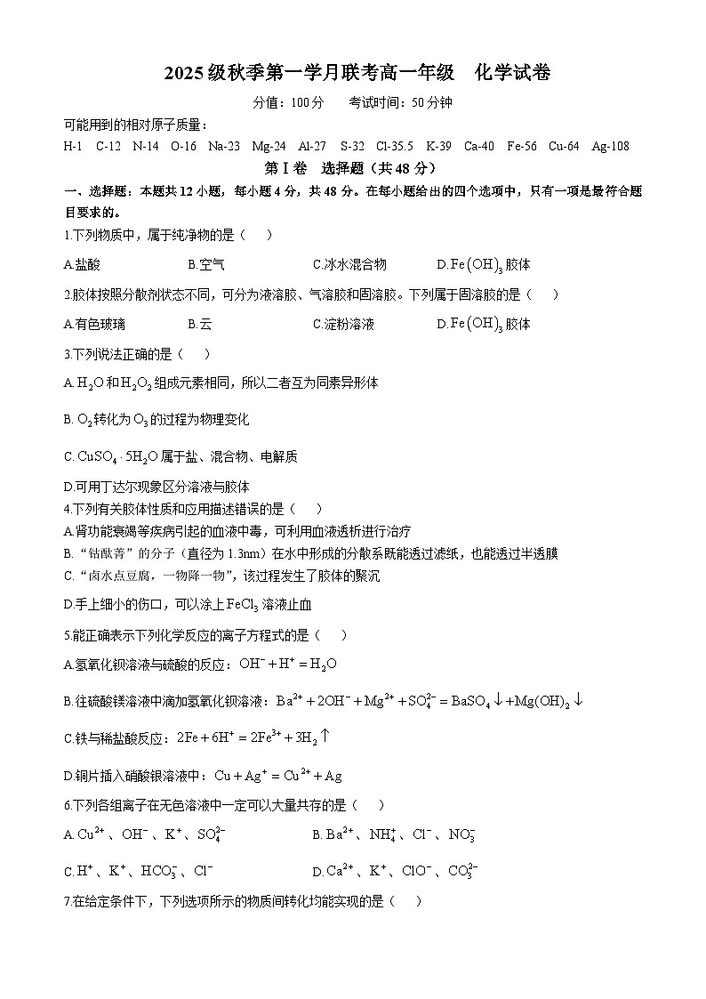 河南省天立教育2025-2026学年高一上学期10月联考化学试卷（Word版附答案）第1页