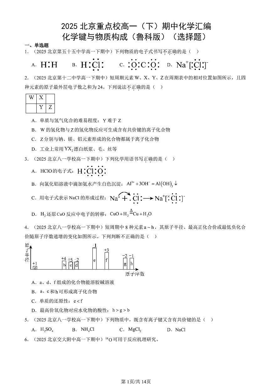 2025北京重点校高一（下）期中化学汇编：化学键与物质构成（鲁科版）（选择题）第1页
