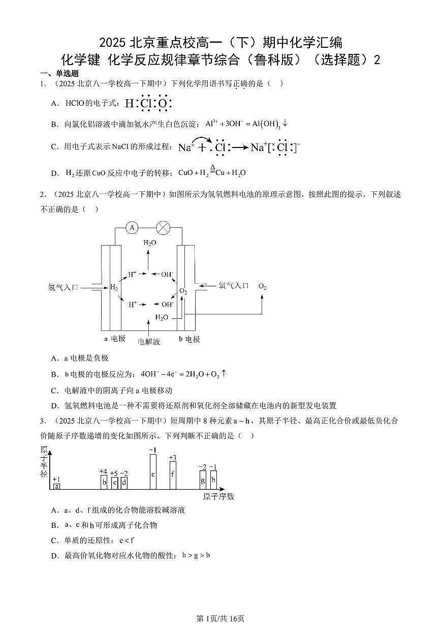 2025北京重点校高一（下）期中化学汇编：化学键 化学反应规律章节综合（鲁科版）（选择题）2第1页