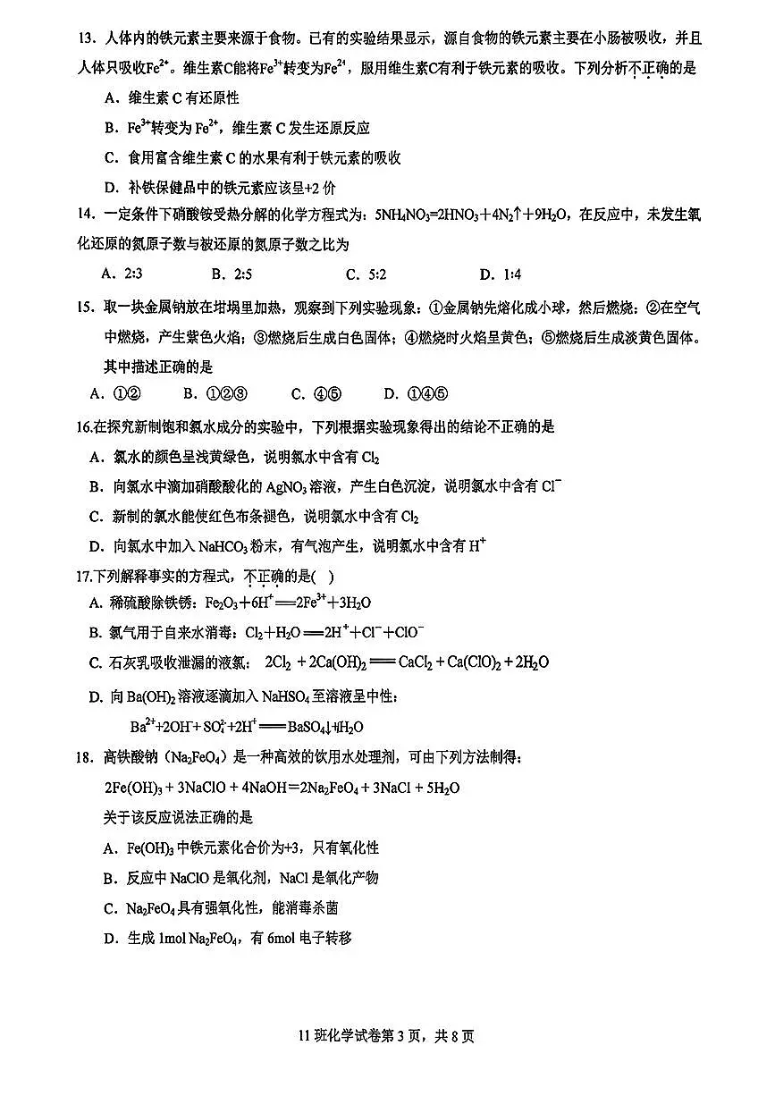 2025北京日坛中学高一（上）期中化学试卷第3页
