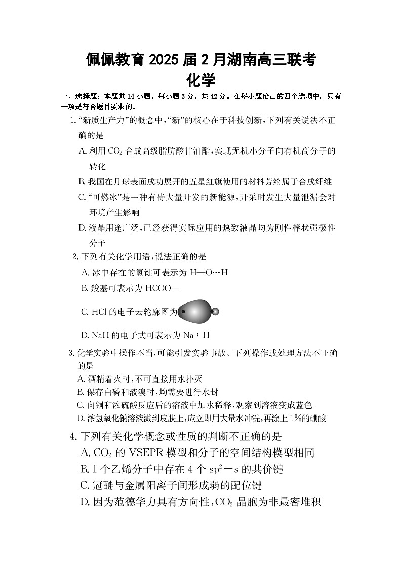 湖南省佩佩教育2025届2月高三开学联考化学第1页