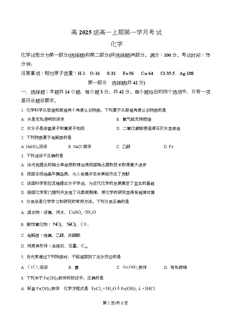 四川省泸州市泸县第五中学2025-2026学年高一上学期10月月考 化学试题（原卷版）第1页