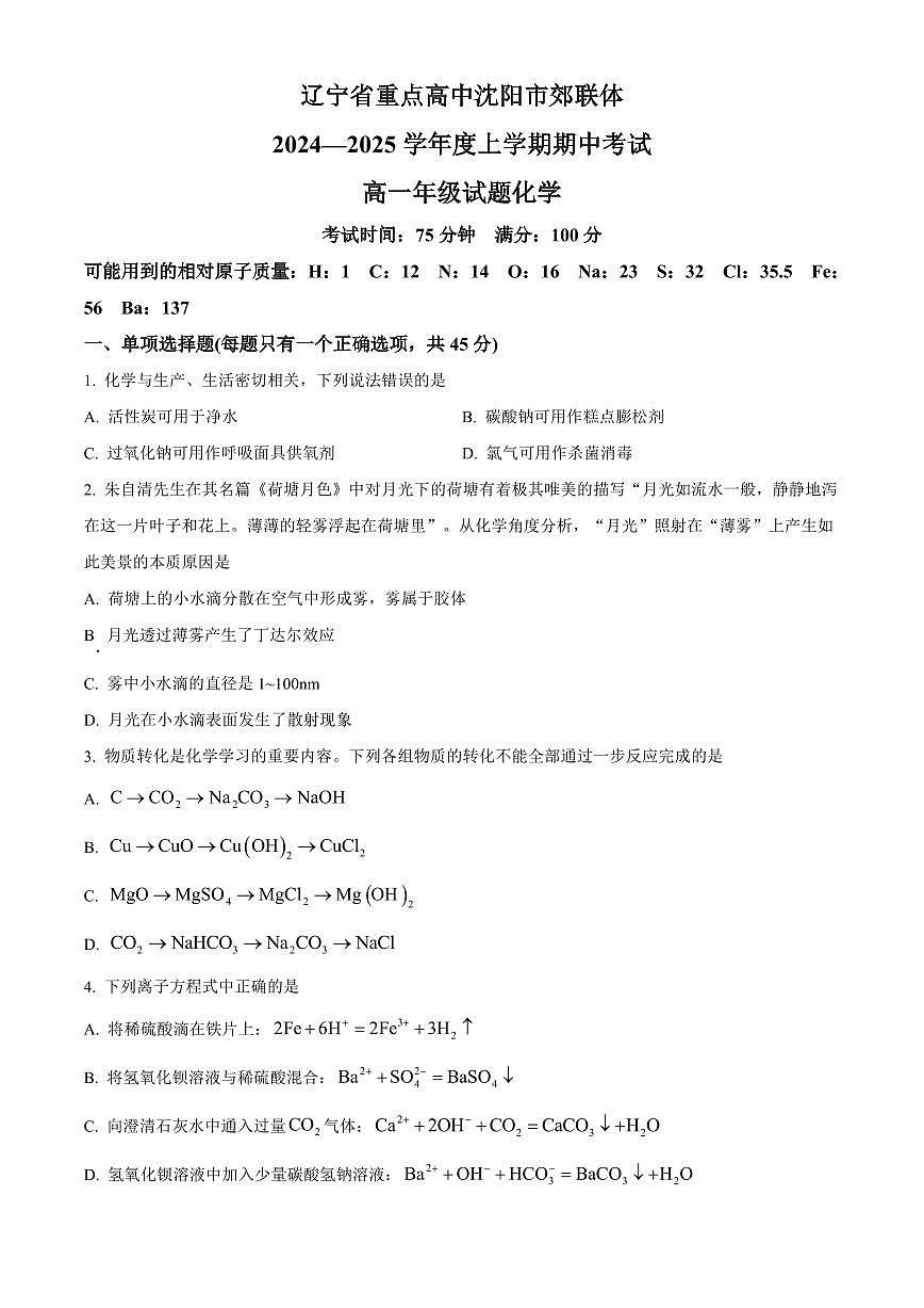 辽宁省重点高中沈阳市郊联体2024-2025学年上学期期中考试高一化学试题（含答案及解析）第1页