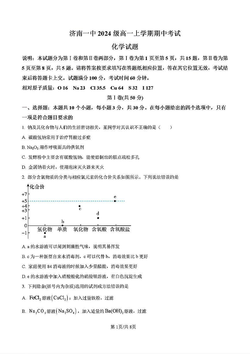 2024-2025年济南市济南一中高一化学上学期期中考试试卷及其答案第1页