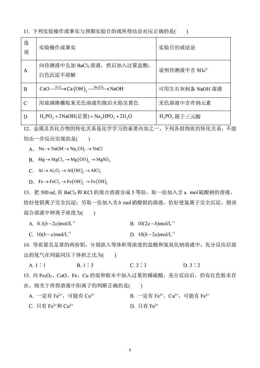 四川省广安友实学校2022-2023学年高一上学期第四次月考化学试题第3页