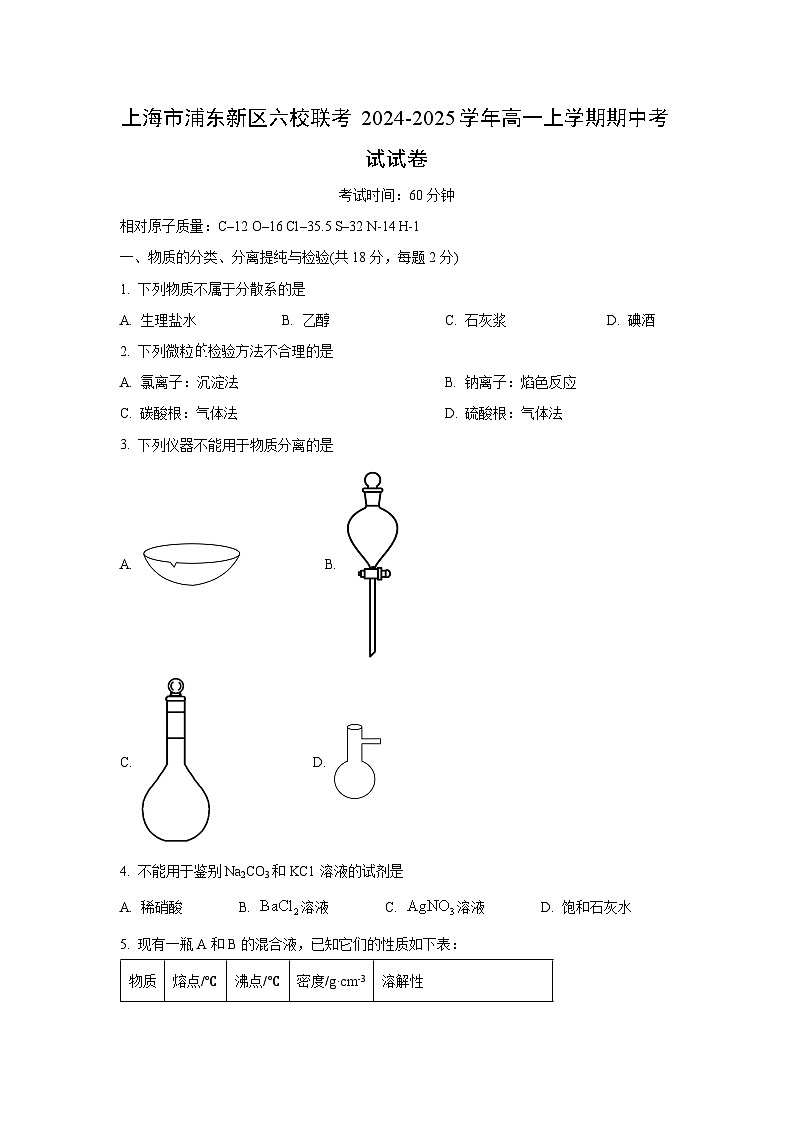 2024~2025学年上海市浦东新区六校联考高一（上）期中考试化学试题（学生版）第1页