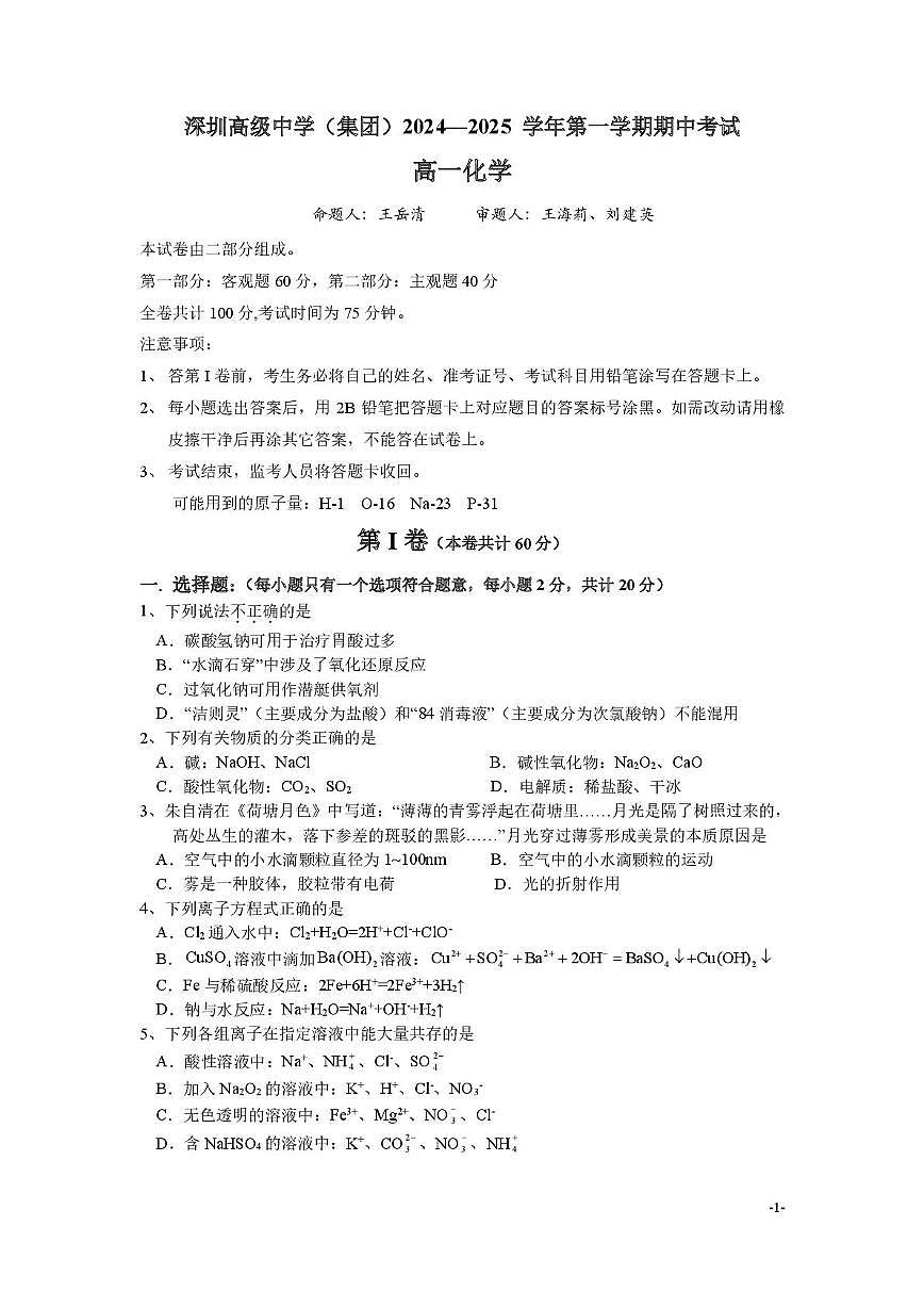 广东省深圳市高级中学2024-2025学年高一上学期期中化学试卷第1页