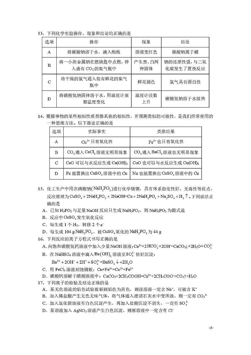广东省深圳市高级中学2024-2025学年高一上学期期中化学试卷第3页