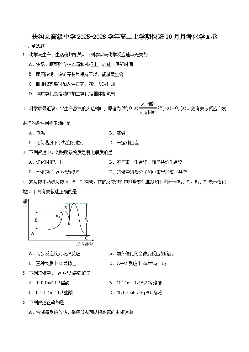 河南省周口市扶沟县高级中学2025-2026学年高二上学期10月月考化学试卷第1页