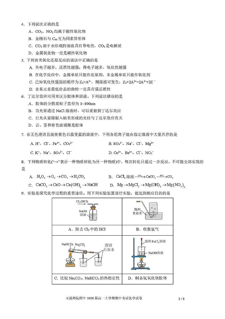 云南省玉溪师范学院附属中学2025-2026学年高一上学期11月期中考试化学试题第2页