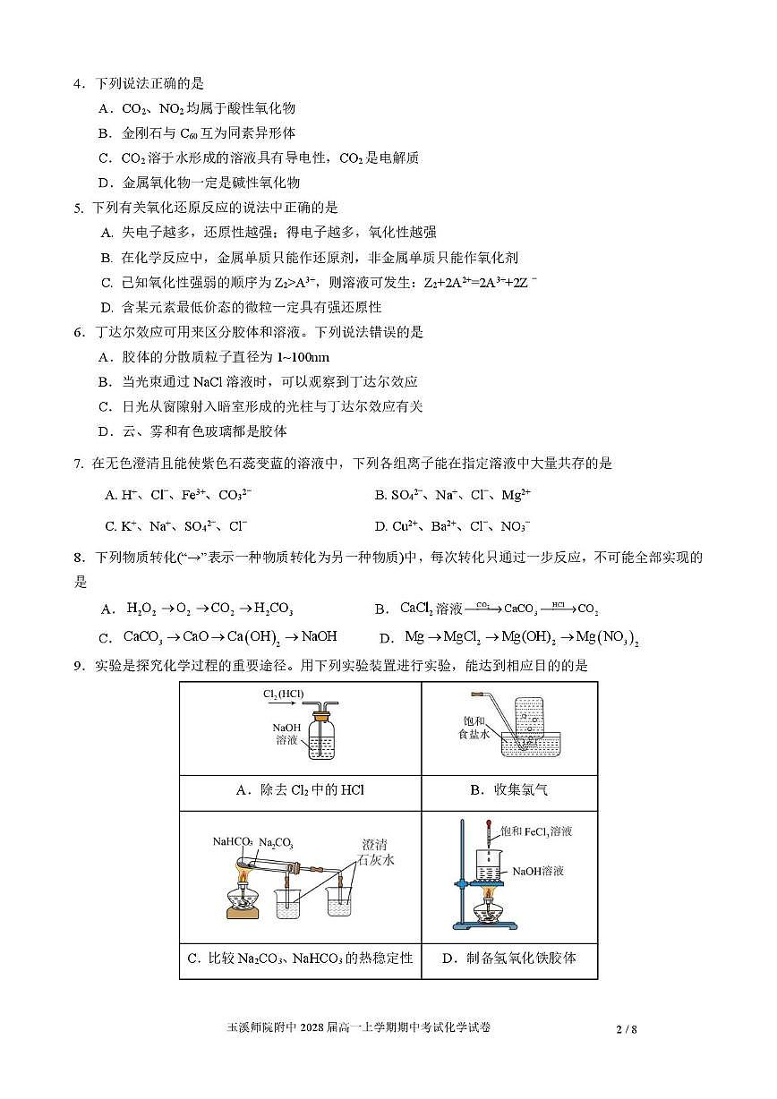 云南省玉溪师范学院附属中学2025-2026学年高一上学期11月期中考试化学试题第2页