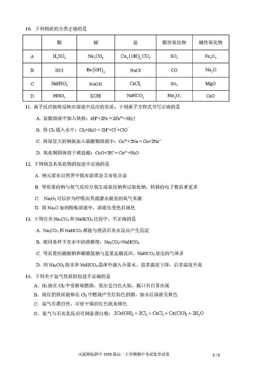 云南省玉溪师范学院附属中学2025-2026学年高一上学期11月期中考试化学试题第3页