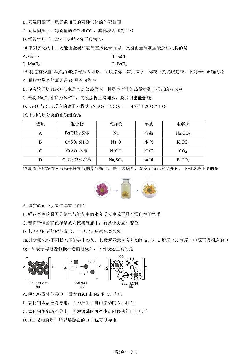 2025北京丰台高一（上）期中化学试卷（教师版）第3页