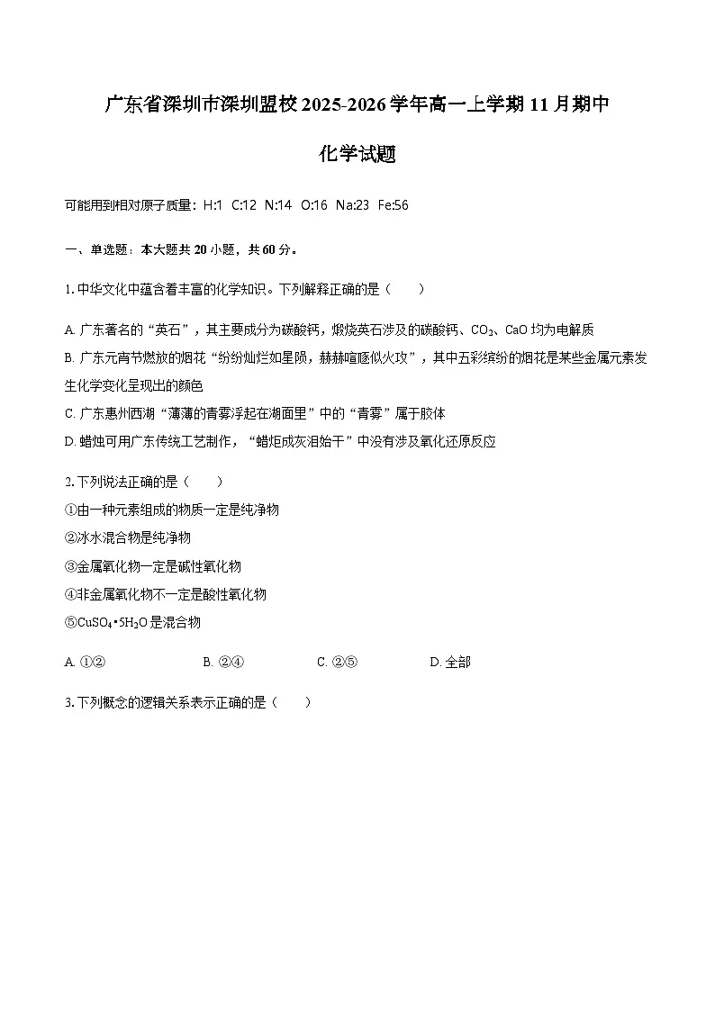 广东省深圳市深圳盟校2025-2026学年高一上学期11月期中化学试题（含答案）第1页