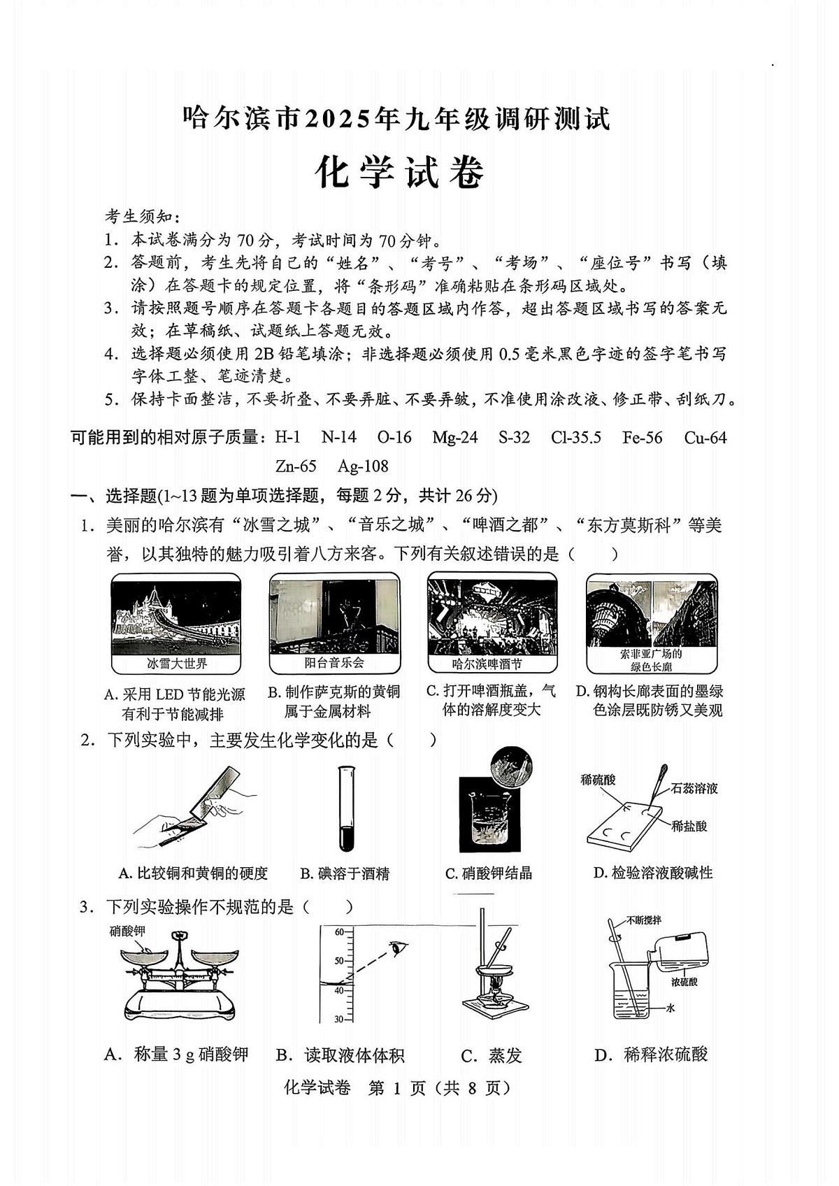 2025年黑龙江省哈尔滨市中考模拟考试化学试题（高考模拟）第1页