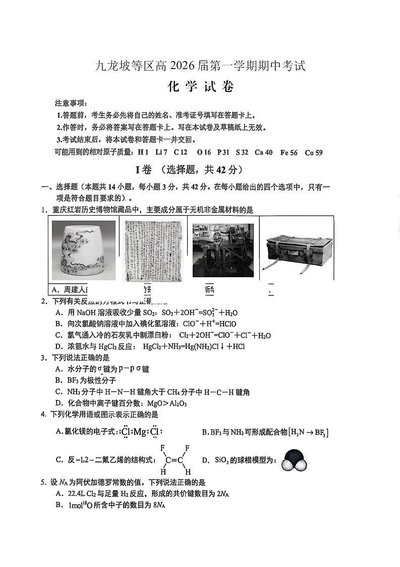 重庆九龙坡高2025-2026学年高三上学期期中考试化学试卷第1页