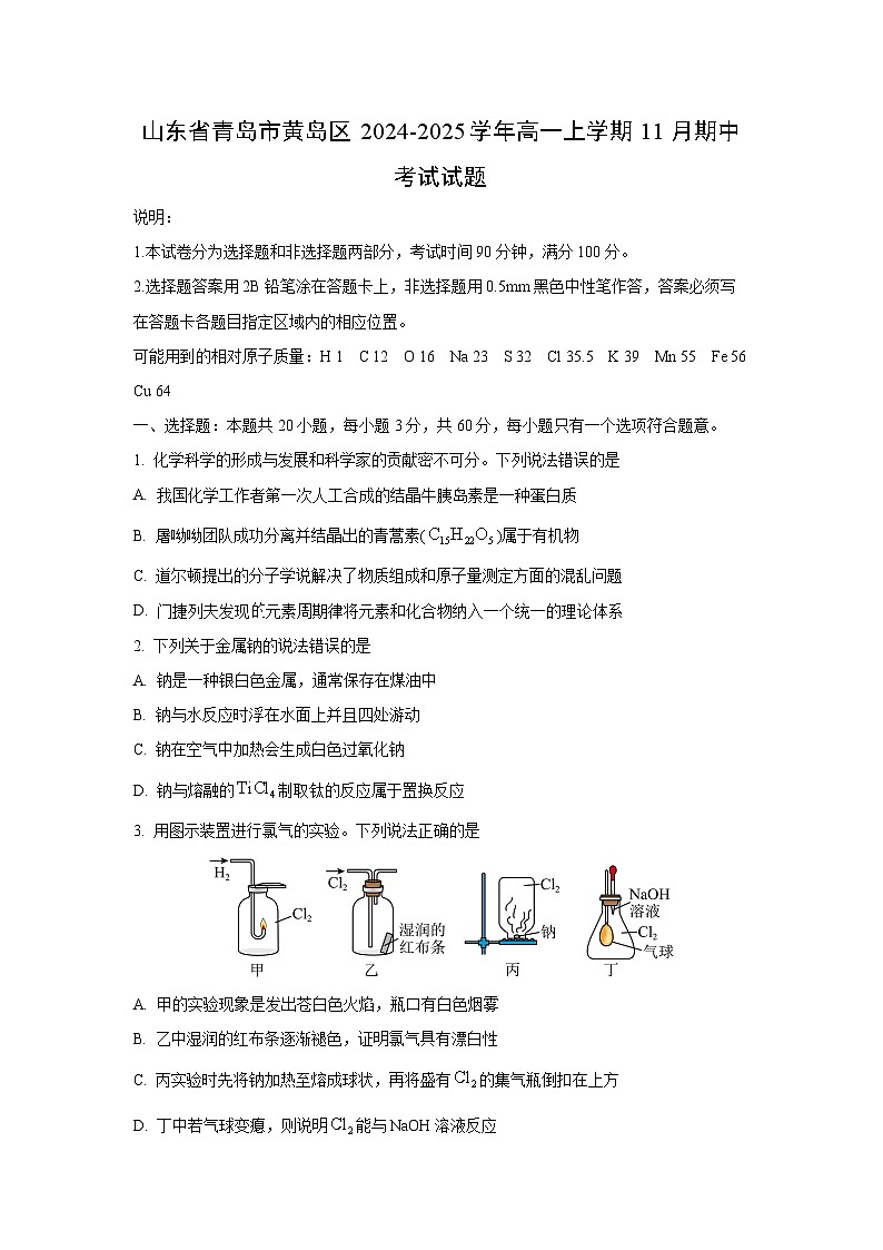 【化学】山东省青岛市黄岛区2024-2025学年高一上学期11月期中考试试题（学生版）第1页