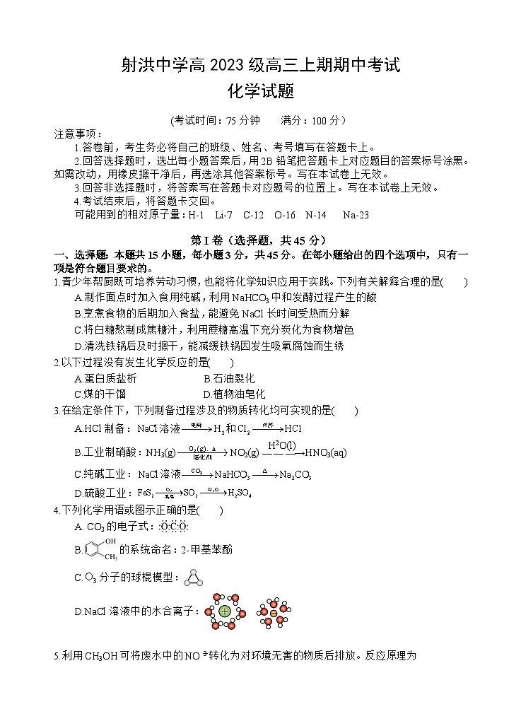 四川省遂宁市射洪中学2026届高三上学期期中考试化学试题第1页