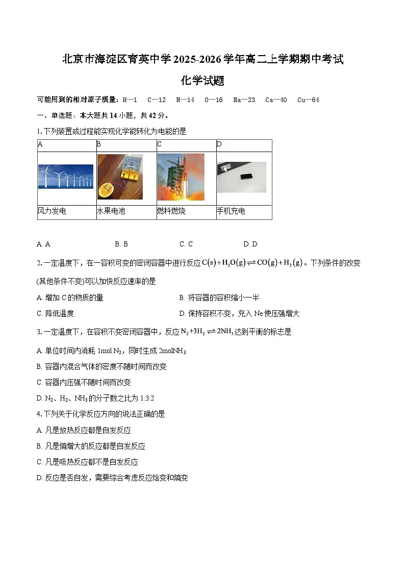 北京市海淀区育英中学2025-2026学年高二上学期期中考试化学试题（含答案）第1页