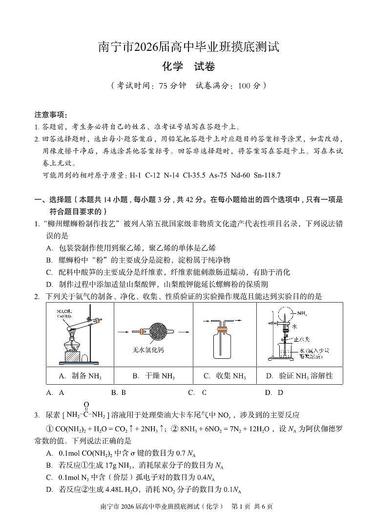广西省南宁市2026届高中毕业班上学期10月摸底测试化学试卷（含答案）第1页