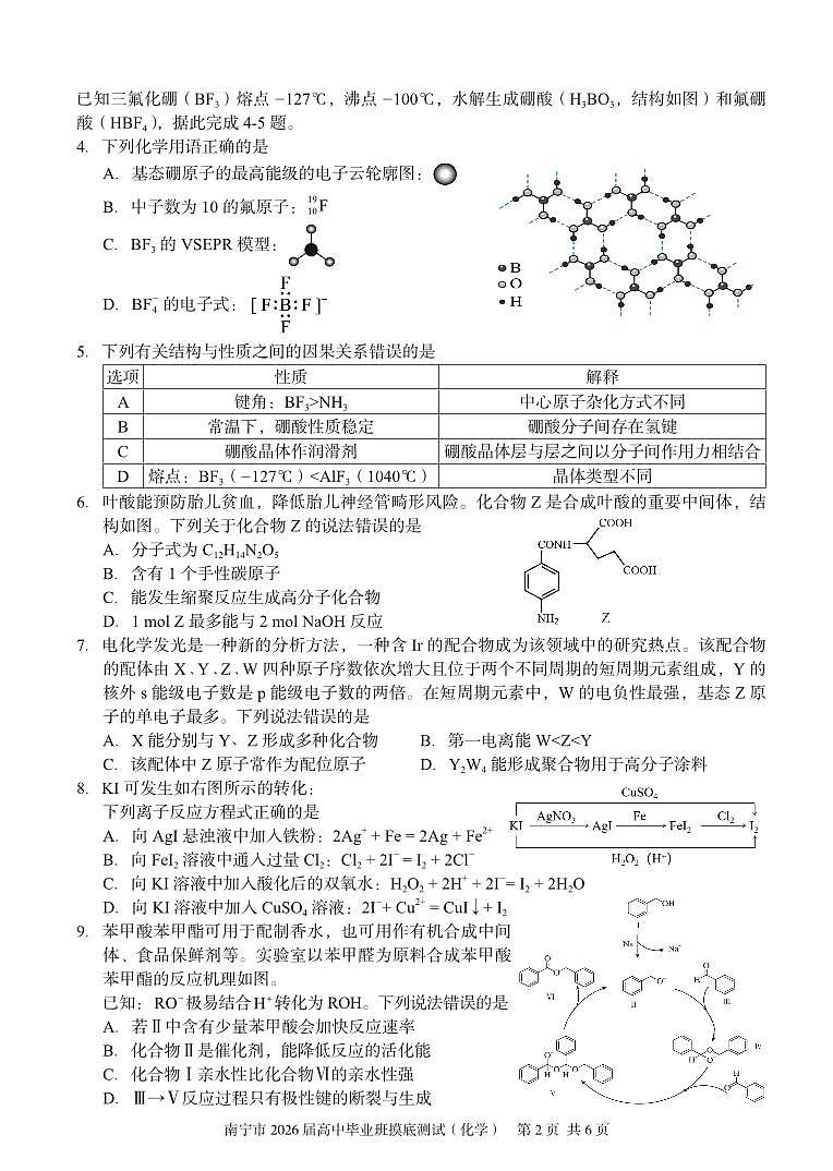 广西省南宁市2026届高中毕业班上学期10月摸底测试化学试卷（含答案）第2页