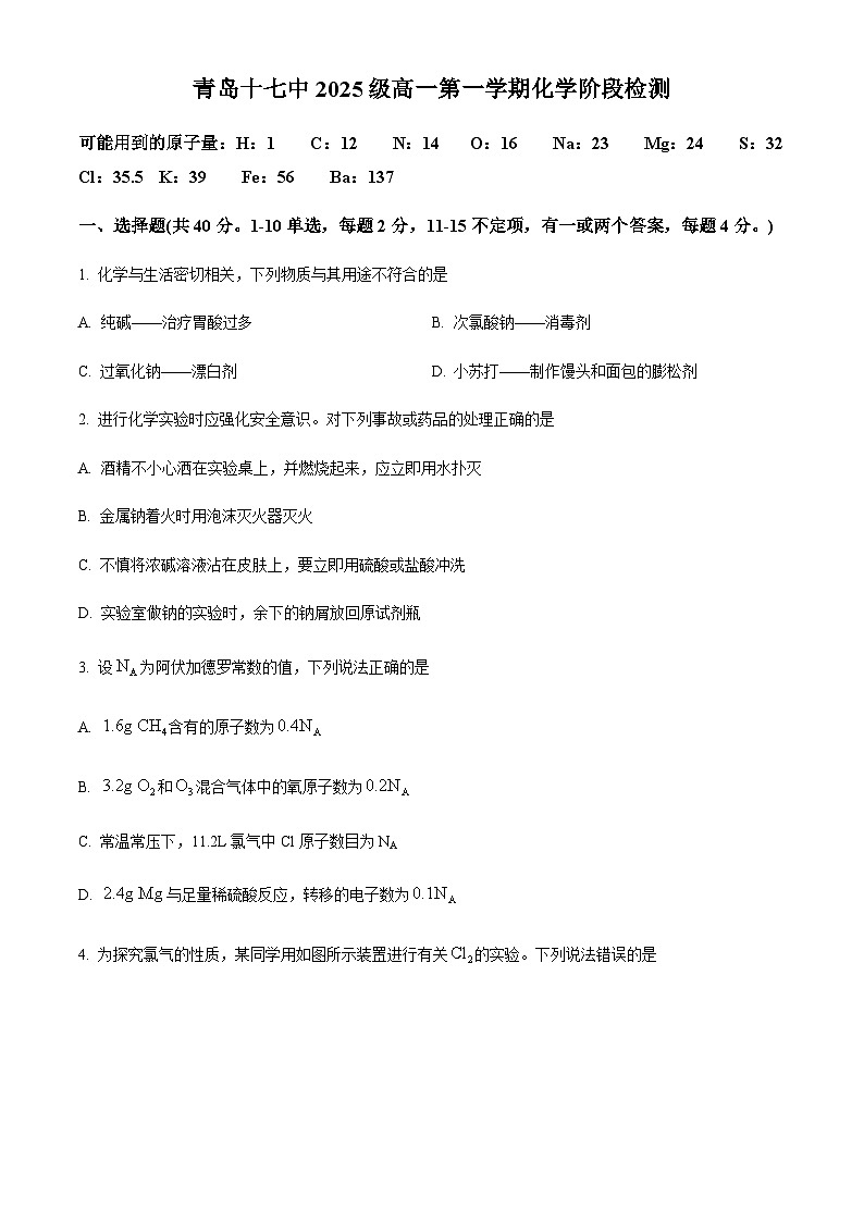 山东省青岛第十七中学2025-2026学年高一上学期第一次月考化学试题（含答案）第1页
