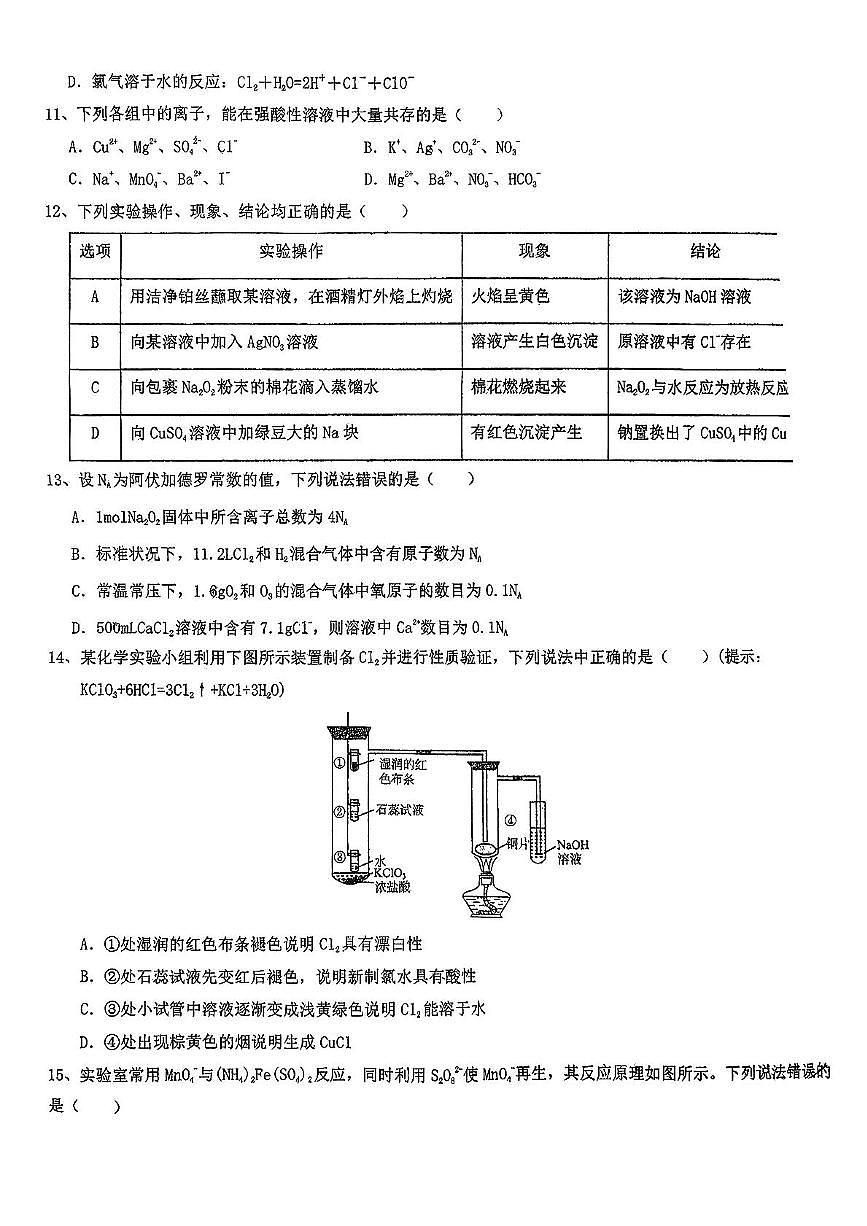 湖北省襄阳市第一中学2025-2026学年高一上学期11月期中化学试题第3页