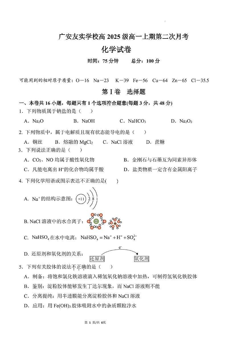 四川省广安友实学校2025-2026学年高一上学期期中考试化学试题第1页