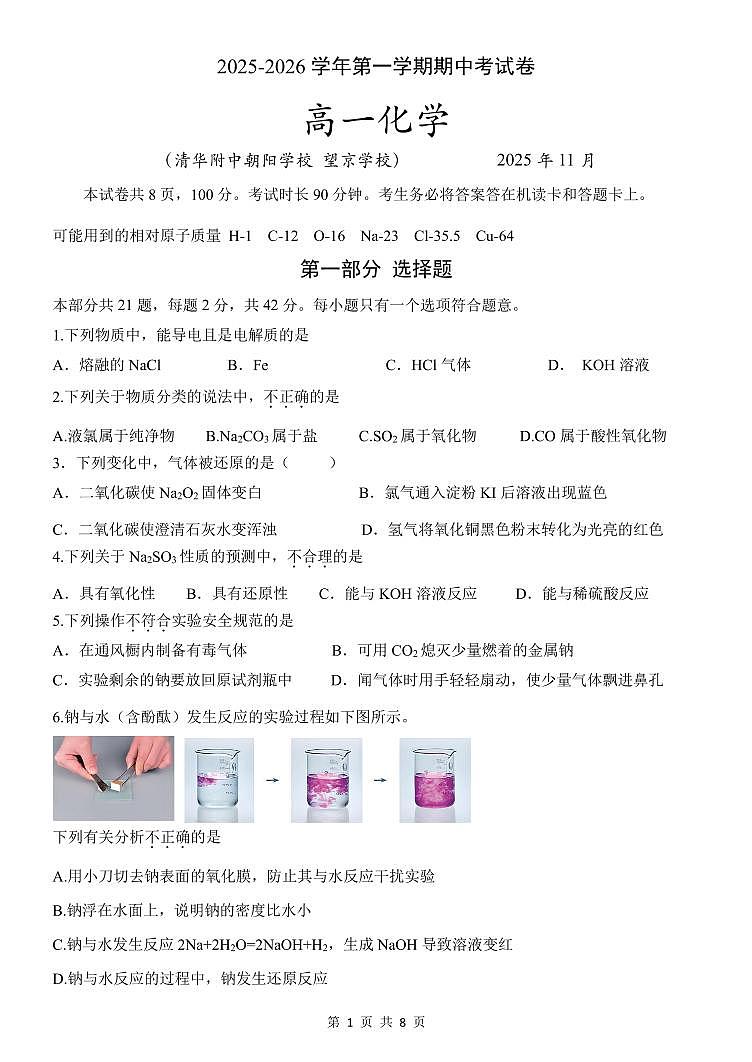 2025北京清华附中朝阳学校高一（上）期中化学试卷第1页