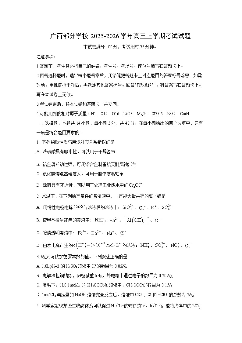 【化学】广西部分学校2025-2026学年高三上学期考试试题（学生版）第1页