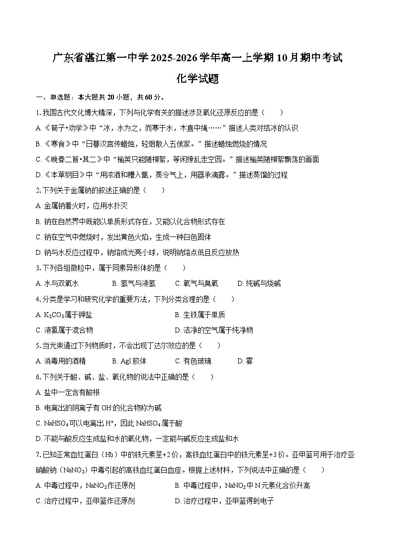 广东省湛江第一中学2025-2026学年高一上学期10月期中考试化学试题（含答案）第1页