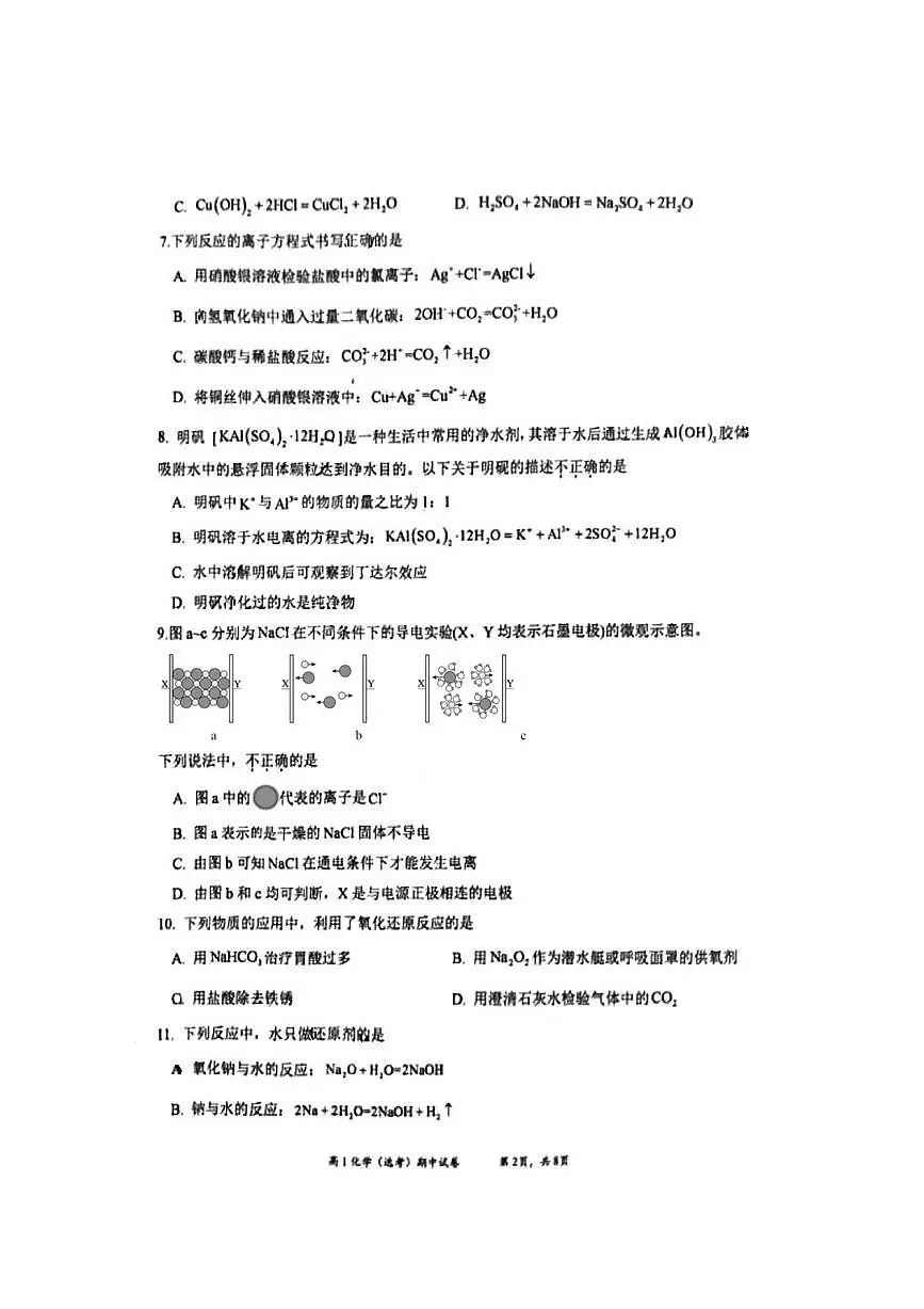 北京市育英中学2025～2026学年高一上期中化学试卷(无答案)第2页