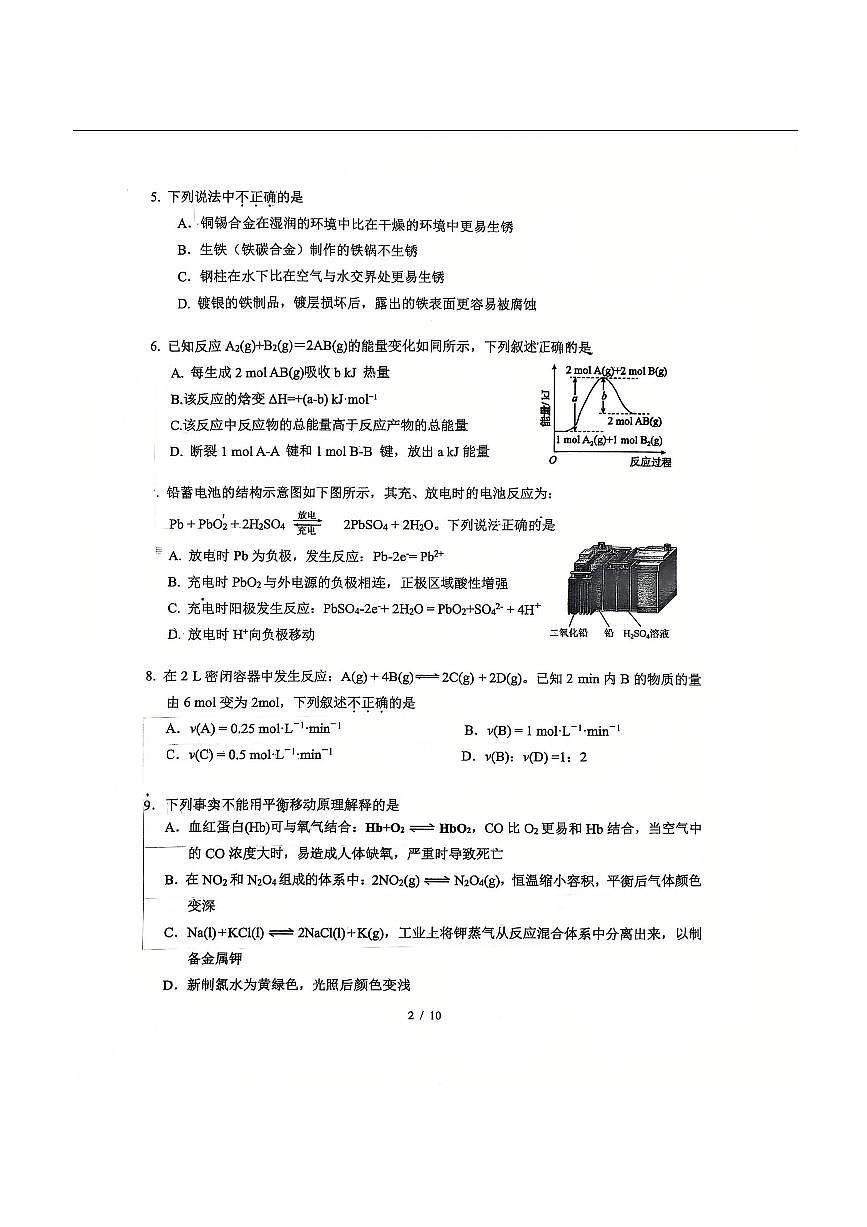 北京市第十九中学2025～2026学年高二上期中化学试卷(无答案)第2页