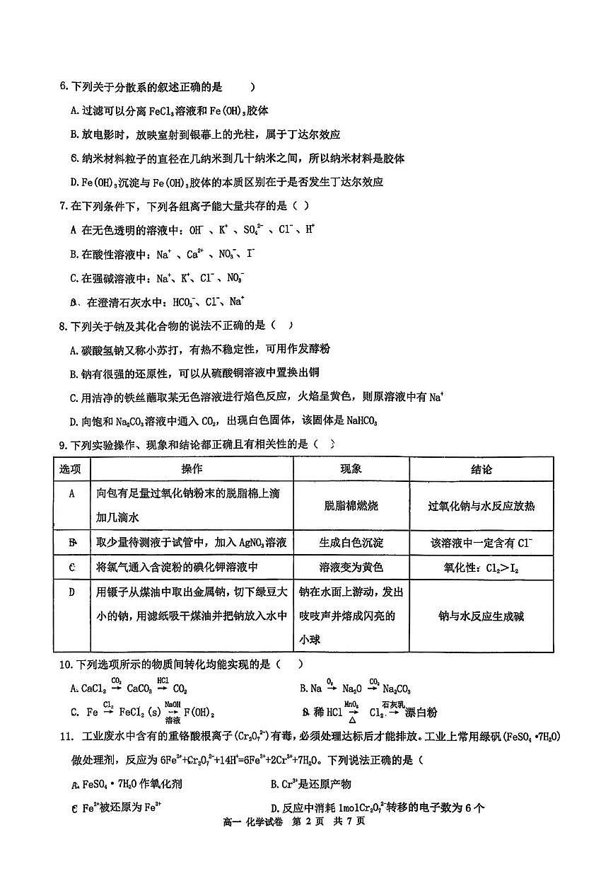 广东省广州市育才中学2025-2026学年高一上学期期中考试化学试题第2页