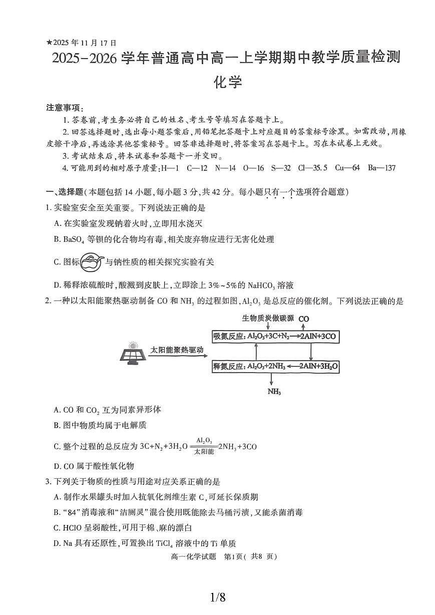 河南省信阳市罗山县2025-2026学年高一上学期11月期中考试 化学试题第1页