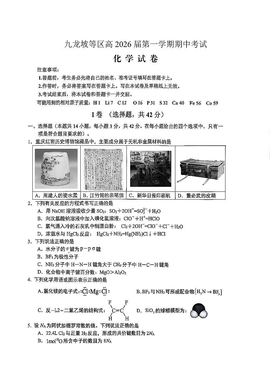重庆九龙坡高2026届高三第一学期期中考试化学试卷（含答案）第1页