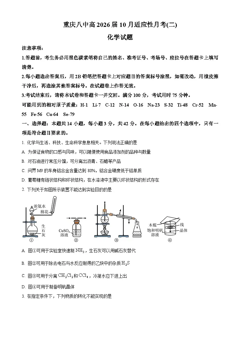重庆市第八中学2026届高三上学期10月月考化学试卷（原卷版）第1页