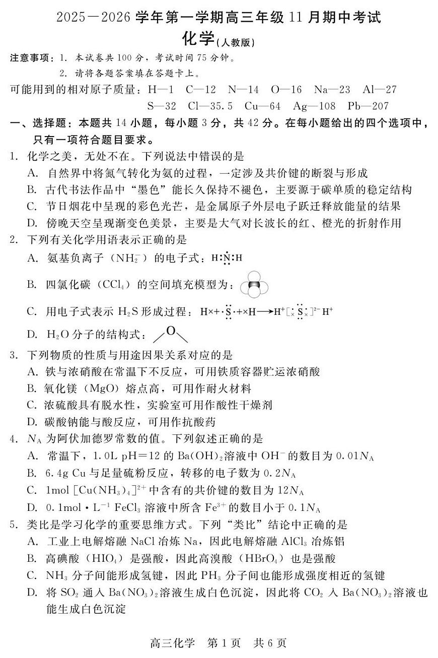 202511月高三化学 (人)第1页