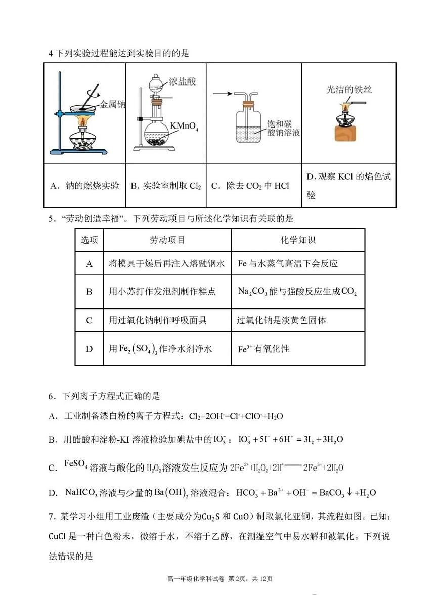 沈阳东北育才2025-2026高一上期中化学试卷（含答案）第2页