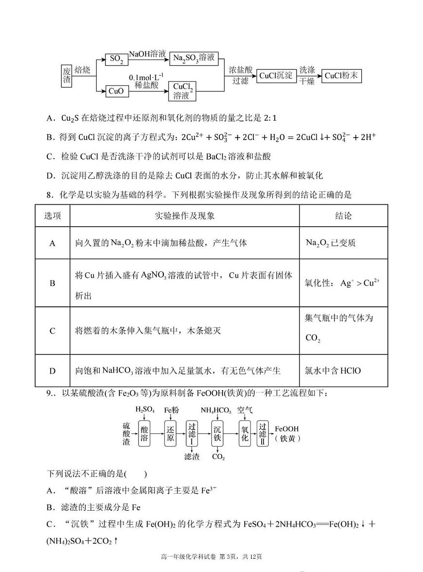 沈阳东北育才2025-2026高一上期中化学试卷（含答案）第3页
