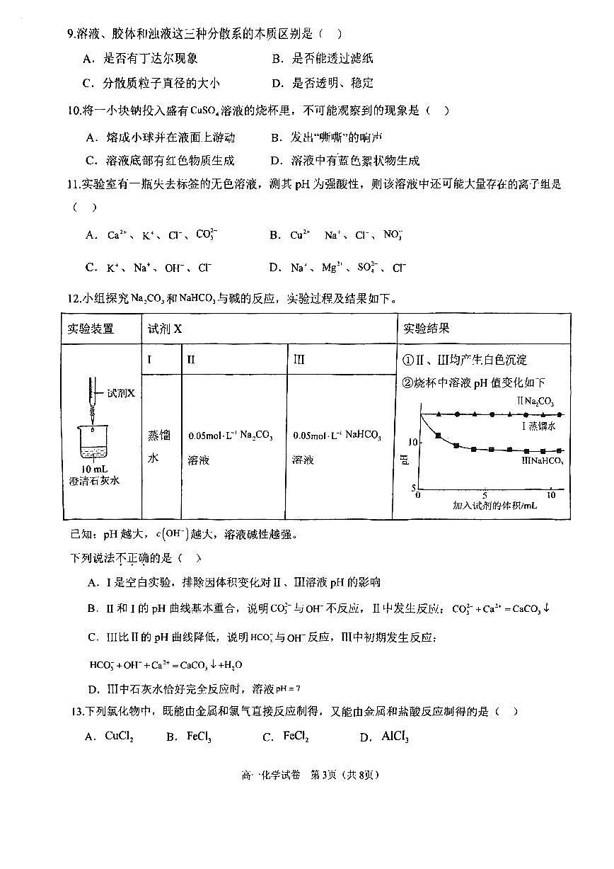 天津市第一中学东丽学校2025-2026学年高一上学期期中考试化学试题第3页